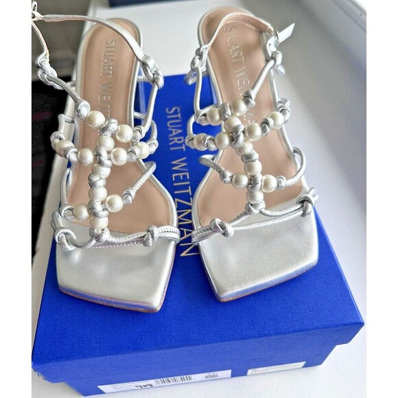 STUART WEITZMAN Women's Sandals Shoes Faux Pearl Block Heels Leather Silver 7